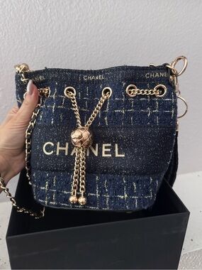 CHANEL VIP beaute Navy Mini Bucket Bag with Gold Chain Drawstring